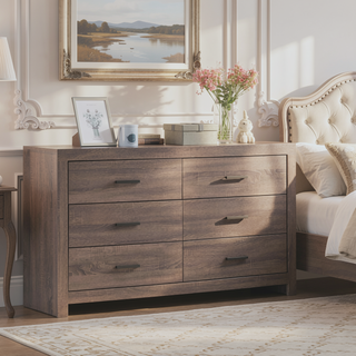 Sunvega Six-Drawer Dresser in Coastal White with Dark Bronze Handles for Bedroom