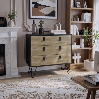 Sunvega Modern Black Macadamia Chest of Drawers with Hairpin Legs and Metal Accents