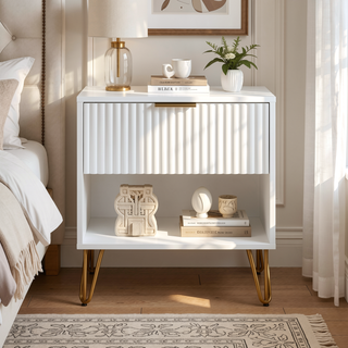 Sunvega Modern Glam Nightstand with Gold Metal Legs and Textured Drawer