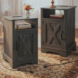 Sunvega White & Oak Farmhouse Nightstand with Electrical Outlets Charging Station and Storage