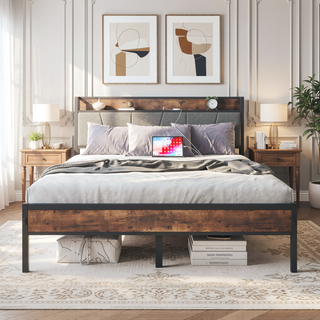 Sunvega Full Size Bed Frame with Storage Headboard and Charging Station Outlets