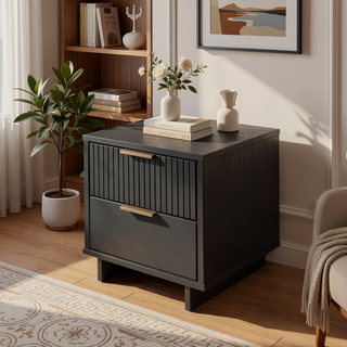 Sunvega Modern Glam Nightstand with Gold Steel Handles and Solid Wood Drawers