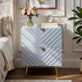Sunvega Gaines Gray High Gloss Finish Nightstand with 2 Storage Drawers and Metal Legs
