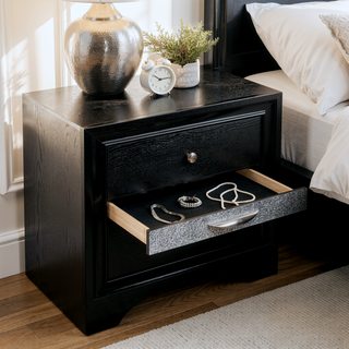 Sunvega Modern Black Nightstand with Hidden Jewelry Drawer and Nickel Knob