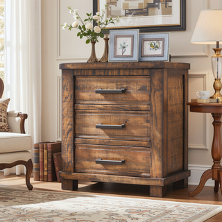 Sunvega Reclaimed Pine Wood Nightstand with Three Drawers and Antiqued Zinc Pulls