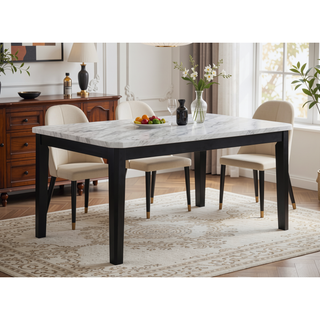 Sunvega Transitional Dining Table with Faux White Marble Top and Black Wood Base