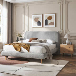Sunvega Grey Boucle Upholstered Nightstand with Two Drawers and Wooden Legs