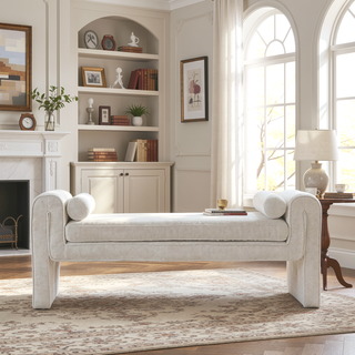Sunvega Modern Glam Accent Bench with Chenille Upholstery and Bolster Pillows