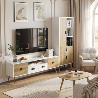 Sunvega Magness White Macadamia Tall Dresser with Two Large Drawers and Open Shelves