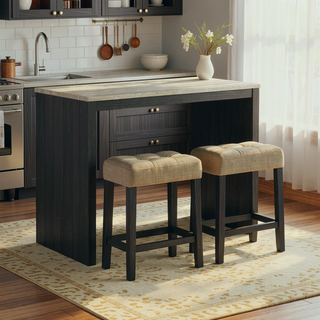 Sunvega Black Dining Table with Side Storage Shelves and Boucle Fabric Stools