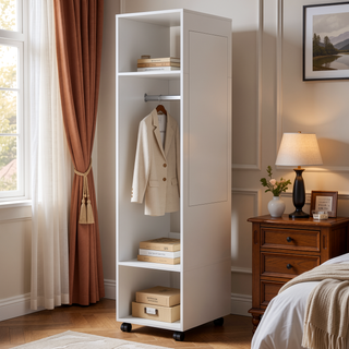 Sunvega Benson Wardrobe with Mirror and Open Storage on Wheels for Bedroom