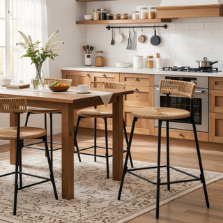 Sunvega Hand Woven Paper Rope Bar Stools with Backrest and Footrest for Kitchen Island
