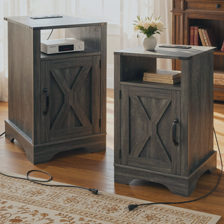 Sunvega White & Oak Farmhouse Nightstand with Electrical Outlets Charging Station and Storage