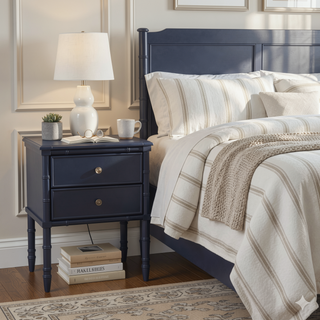 Sunvega Midnight Blue Tropical Style Nightstand with Two Drawers and Carved Wood Legs