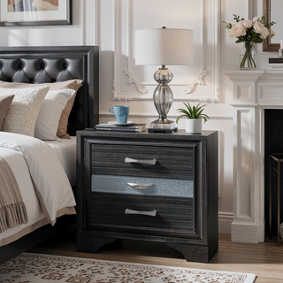 Sunvega Black Finish Wooden Nightstand with 3 Drawers and Curved Legs