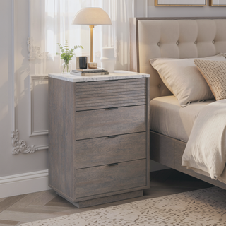Sunvega Modern Gray 4-Drawer Chest with Faux Marble Top and Louvered Fronts