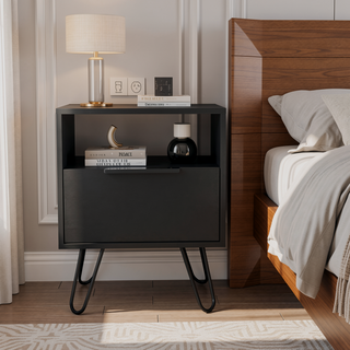 Sunvega Industrial Hairpin Legs Nightstand with Drawer and Open Shelf for Bedroom