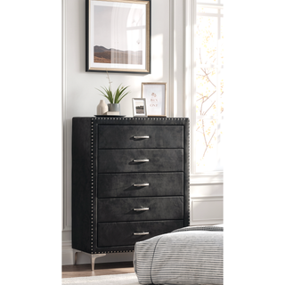 Sunvega Glam Style Black Finish Two Drawers Nailhead Tufted Nightstand with Tempered Glass