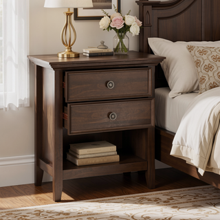 Sunvega Natural Aged Brown Solid Wood Bedside Table with Two Spacious Drawers