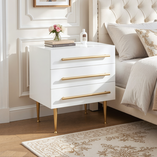 Sunvega Modern White Nightstand with Gold Accent and Three Wooden Drawers