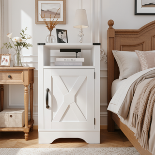 Sunvega White Oak Farmhouse Nightstand with Charging Station and Ample Storage