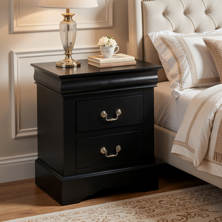 Sunvega Black Nightstand with Two Dovetail Drawers and Metal Handles
