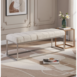 Sunvega Beige Tufted Upholstered Bench with Plush Cushioned Seat and Champagne Metal Legs