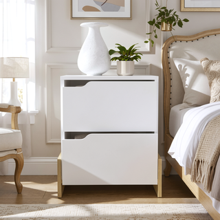 Sunvega Brookland Nightstand with Double Drawers and Sturdy Base in White Macadamia