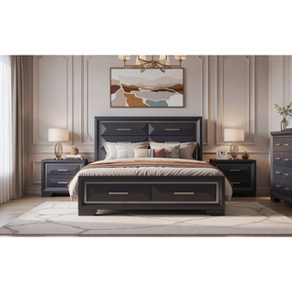 Sunvega Modern Black Wood Veneer Nightstand with Two Drawers for Bedroom