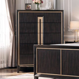 Sunvega Contemporary Espresso Solid Wood 5-Dovetail Drawer Chest with Gold Accent
