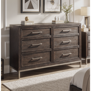 Sunvega Walnut Finish Mindi Veneer Dresser with Champagne Metal Base and Hardware