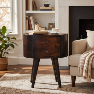 Sunvega Light Walnut Solid Mango Wood Bedside Table with Two Drawers