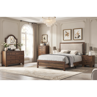 Sunvega Brown Cherry Finish Contemporary Fabric Panel Bed in One Box