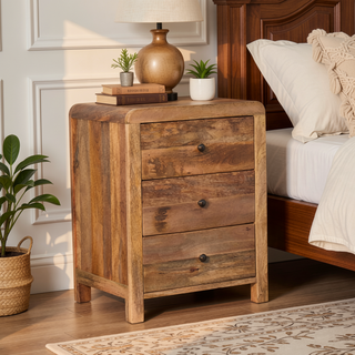 Sunvega Solid Mango Wood Naya Nightstand with 3 Spacious Drawers and Brass Knobs
