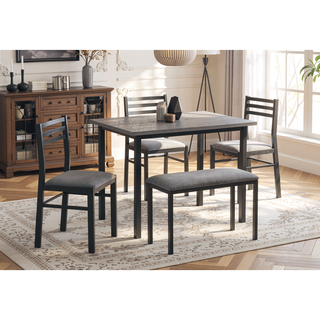 Sunvega 5-Piece Black Metal Dining Set with Grey Laminate Tabletop and Fabric Chairs