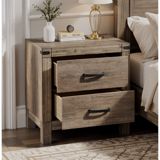 Sunvega Contemporary Rustic Two Drawer Nightstand with Melamine Finish and Solid Metal Hardware