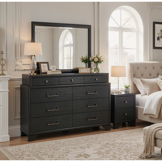 Sunvega Grey Finish Dresser With Three Top and Six Bottom Drawers