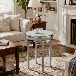 Sunvega Diamond-Cut Round Mirror Breakfast Table with Tempered Glass Top for Small Spaces