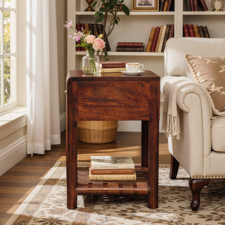 Sunvega Chestnut T-Bar Bedside with 1 Spacious Drawer and Woven Shelf
