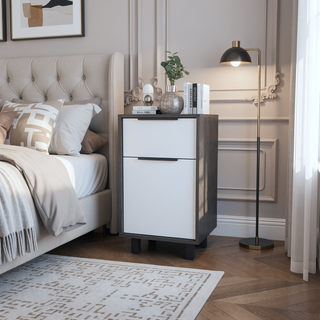 Sunvega Smokey Oak and White 1-Drawer Nightstand with Cabinet and Four Legs