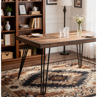 Sunvega Industrial Hairpin Metal Dining Table in Rustic Dark Pine for Living Room