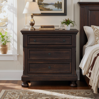 Sunvega Dark Cherry Finish Transitional Design Nightstand with Two Storage Drawers