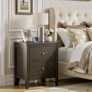 Sunvega Modern Dark Cocoa Two-Drawer Nightstand with Sleek Brushed Nickel Hardware