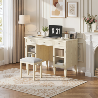 Sunvega White Oak Vanity Desk with Flip-Top Mirror and Stool for Dressing Room