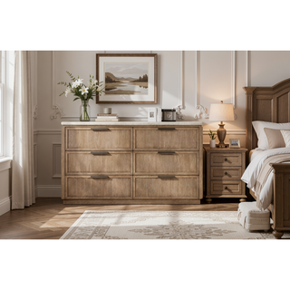 Sunvega Oak Veneer Dresser with Stone Top and Six Soft-Close Drawers