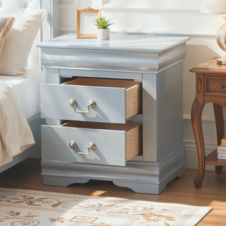 Sunvega Platinum Finish Nightstand with Nickel Handle and Smooth Glide Drawer