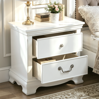 Sunvega White Wood Nightstand with Dovetail Drawers and Polished Nickel Knobs