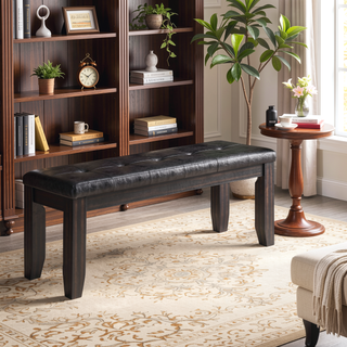 Sunvega Tufted Black PU Upholstered Wood Bench with Espresso Finish