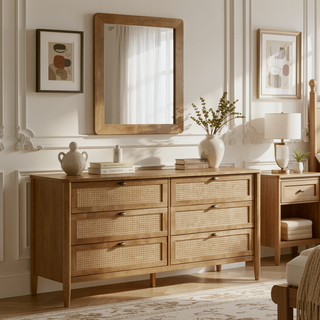 Sunvega Warm Light Walnut Finish Wood Dresser with Rattan Accents and Mirror