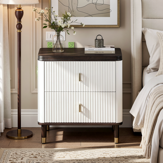 Sunvega White and Brown 2-Drawer Nightstand with USB Port for Bedroom